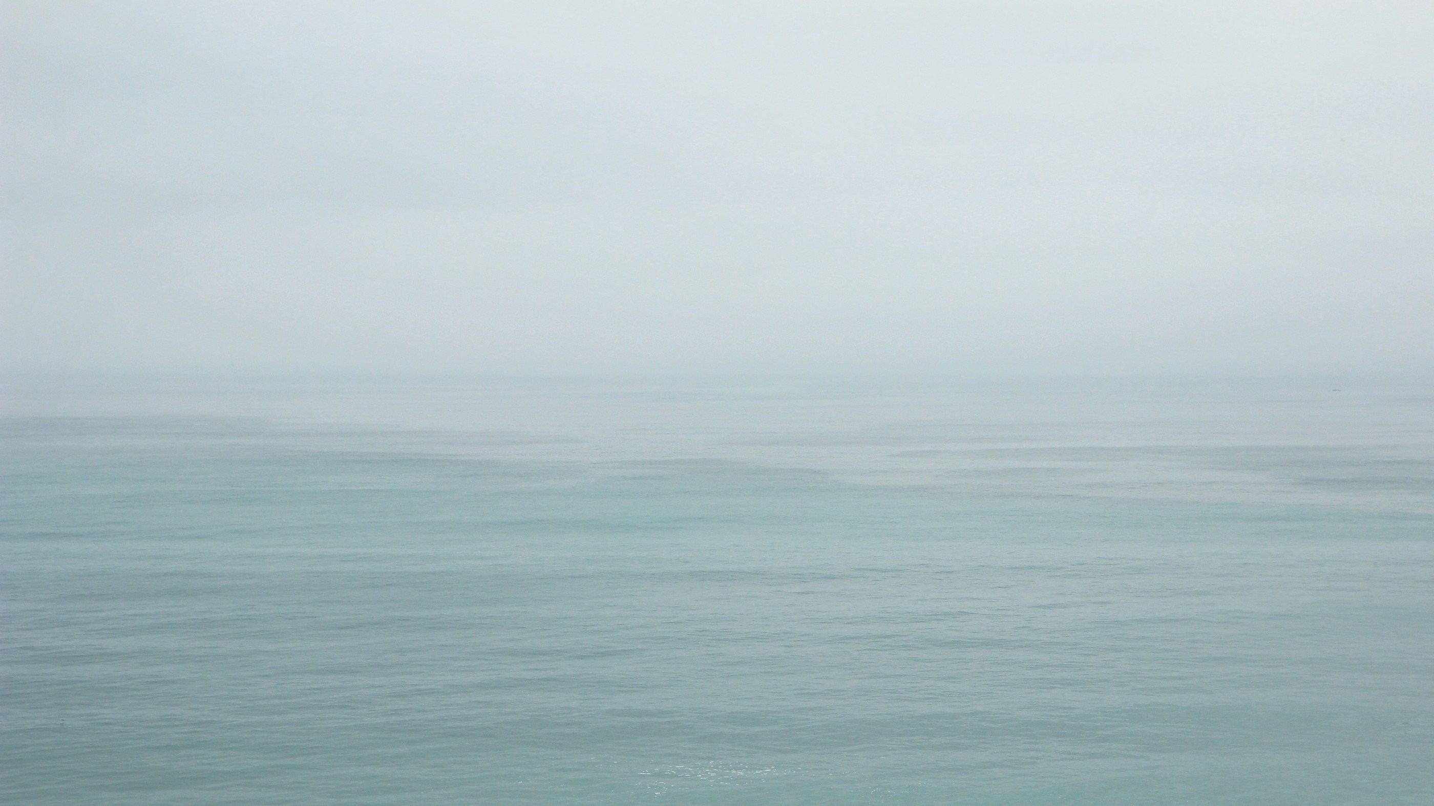 A calm pale-green sea fading into mist at the horizon.